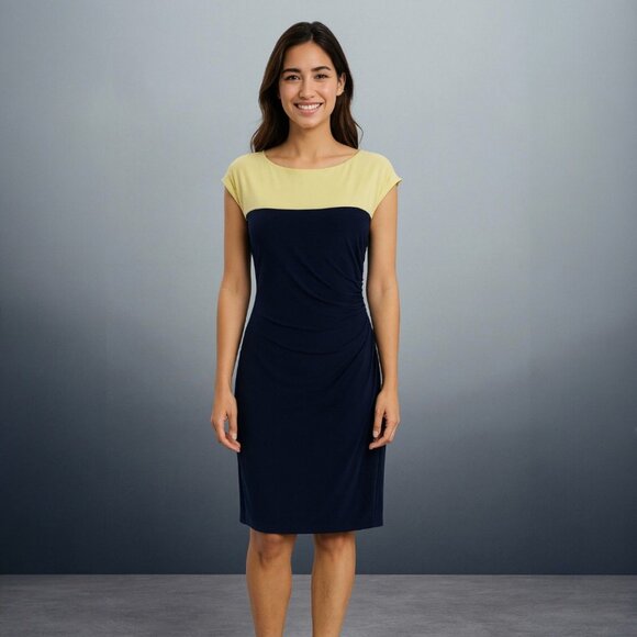 Lauren Ralph Lauren Dress SZ 8 Navy Yellow Sheath Career Minimalist Classic Chic - Picture 4 of 10